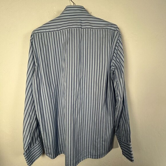 Faconnable Mens Long Sleeve Striped Button-Up Shirt Size Large Blue White Cotton - Picture 2 of 7